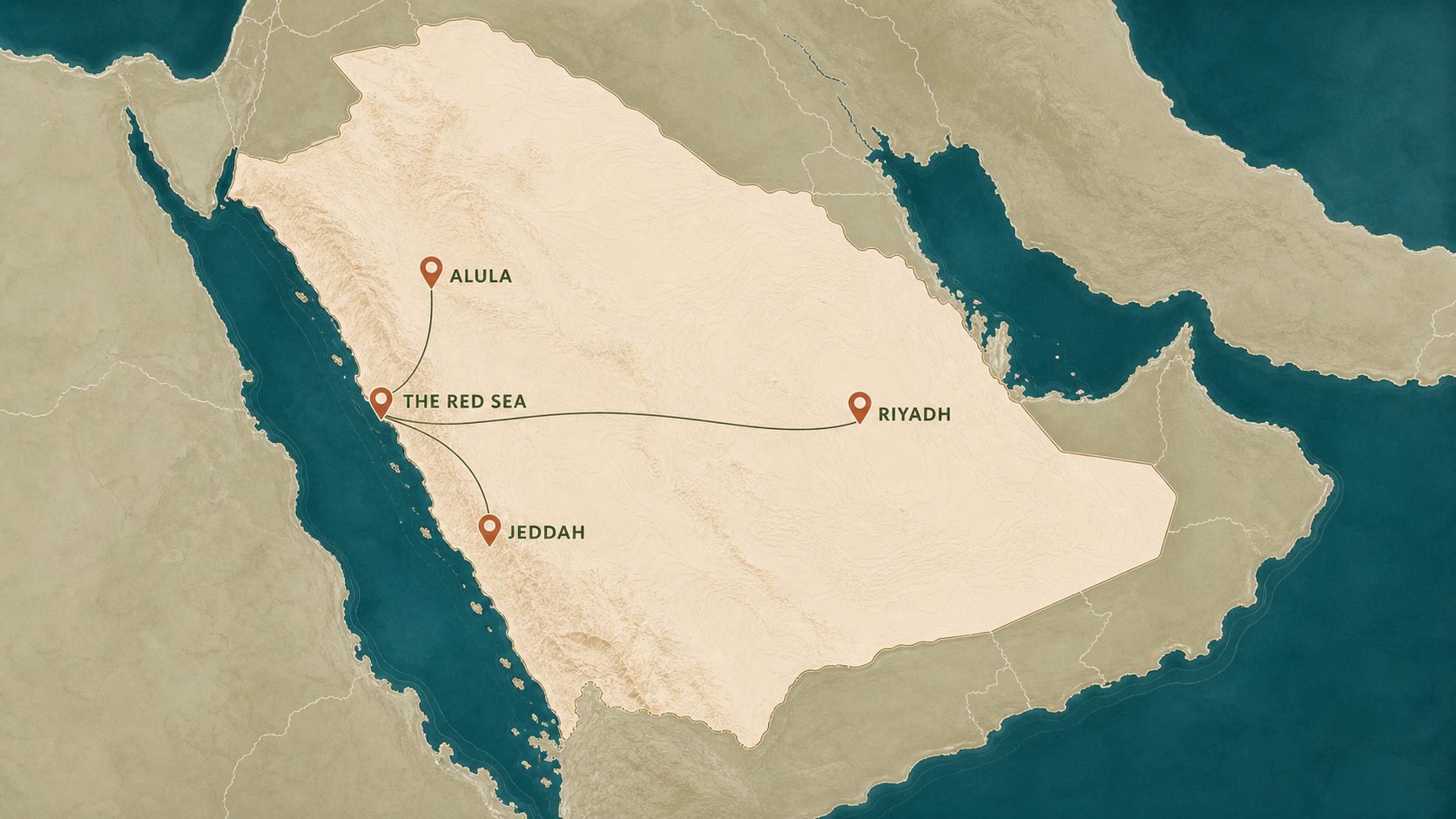 Illustrated 88Destinations map connecting Riyadh, Jeddah, AlUla and the Red Sea in Saudi Arabia