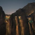 Mountain Crevice Skyline Villas illuminated at night