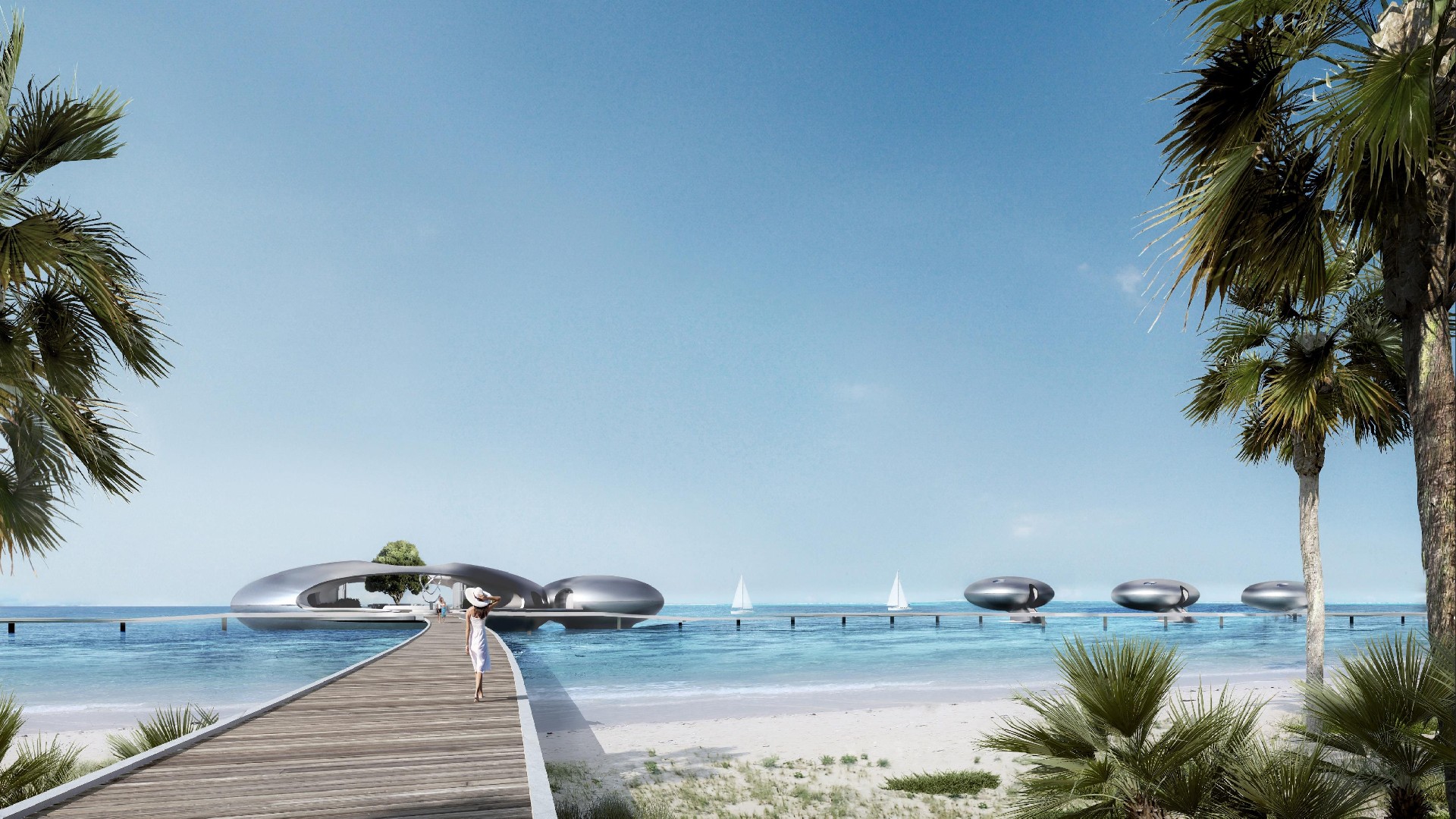 Shebara Resort overwater villas viewed from a palm-lined beach