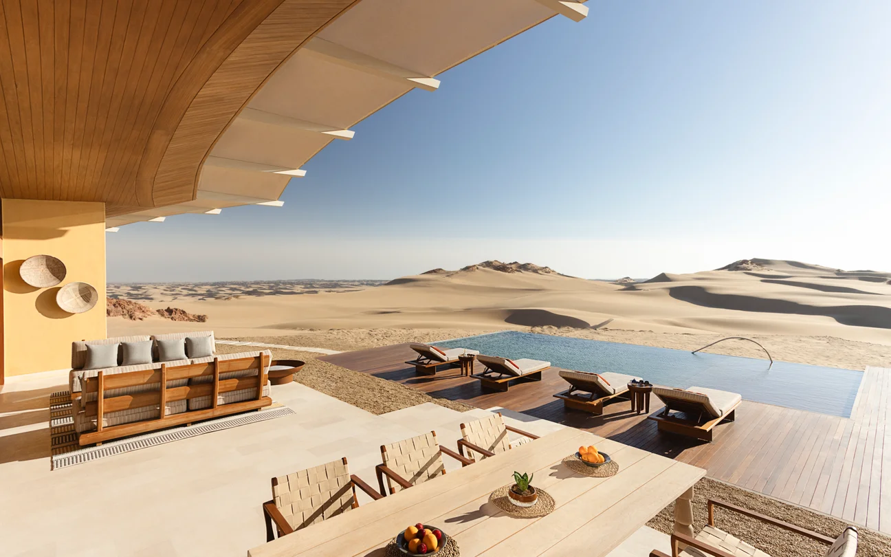 Sunset Retreat terrace overlooking the desert at Six Senses Southern Dunes