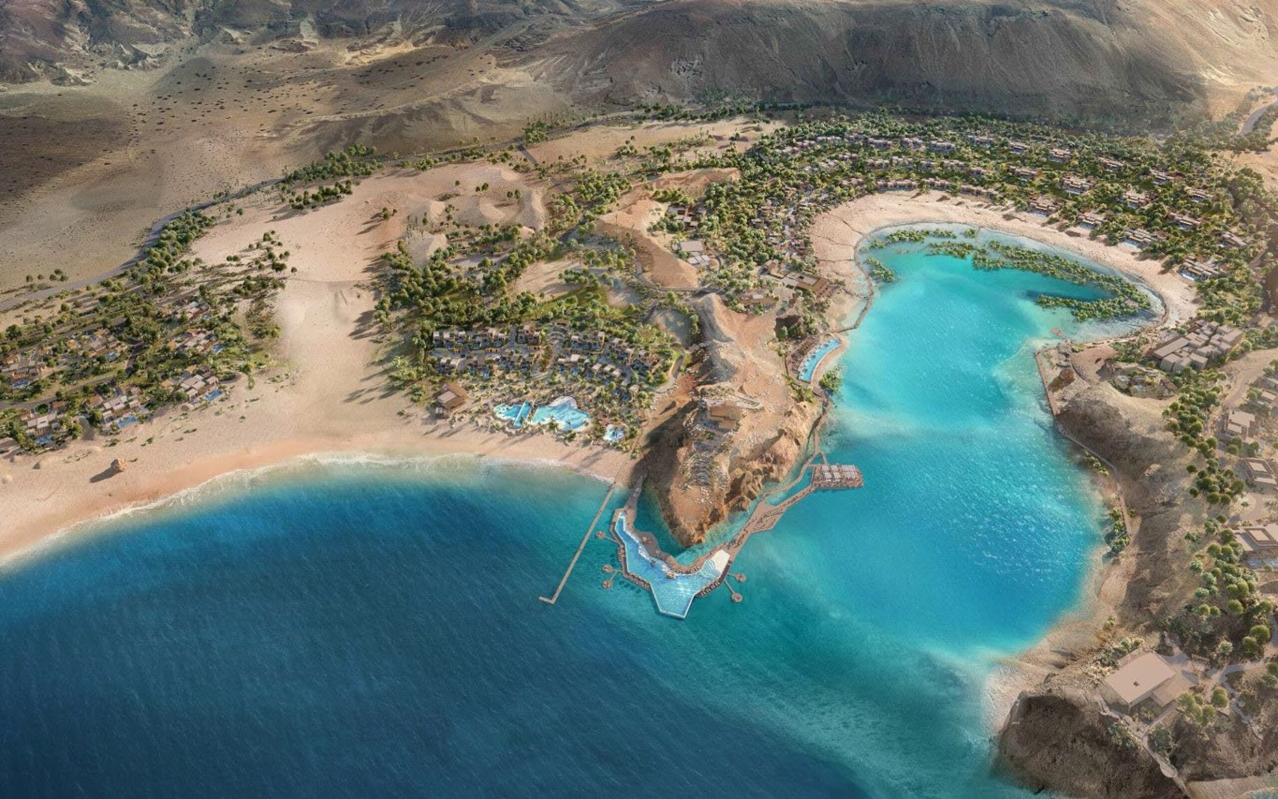 Aerial view of Six Senses AMAALA between the Red Sea and lagoon